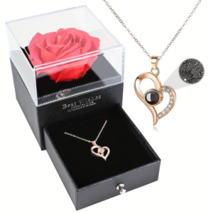 Wieczna róża w szkle + Naszyjnik i pudełko.