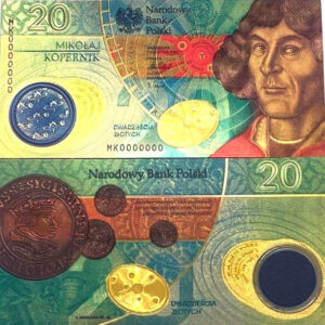 Banknot kolekcjonerski 20 zł Mikołaj Kopernik, pozłacany.