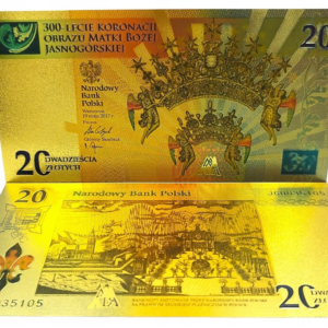 Banknot kolekcjonerski, pozłacany 20 zł. 300 lecie koronacji obrazu Matki Boskiej Jasnogórskiej.