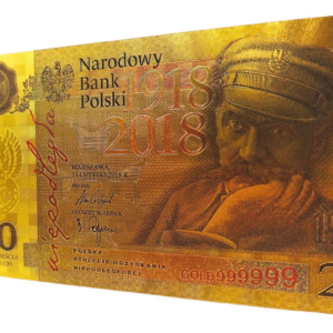 Banknot kolekcjonerski, pozłacany 20 zł Józef Piłsudski.