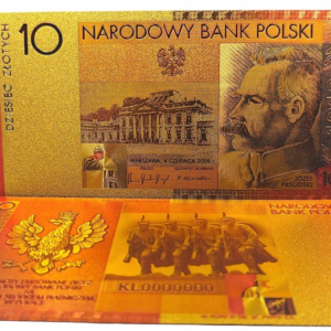 Banknot kolekcjonerski, pozłacany 10 zł Józef Piłsudski.
