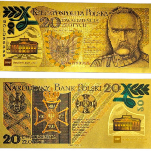 Banknot kolekcjonerski 20 zł Legiony polskie Józefa Piłsudskiego, pozłacany.