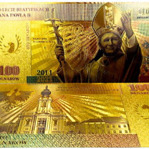 Pozłacany, kolekcjonerski banknot 100 DENARÓW JAN PAWEŁ II.