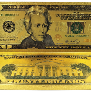 Pozłacany, kolekcjonerski banknot 20 dollars.
