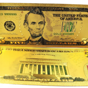 Pozłacany, kolekcjonerski banknot 5 dollars.