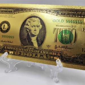 Pozłacany, kolekcjonerski banknot 2 dollars.