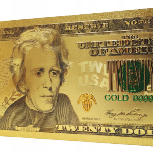 Pozłacany, kolekcjonerski banknot 20 dollars.