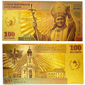 Pozłacany, kolekcjonerski banknot 100 DENARÓW JAN PAWEŁ II.