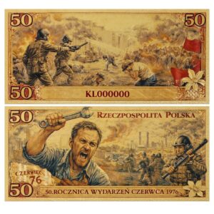 Banknot kolekcjonerski „CZERWIEC 1976” pozłacany.