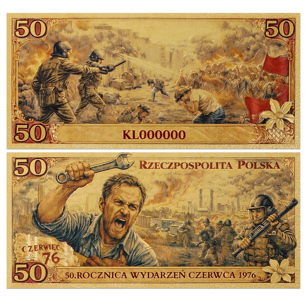 Banknot kolekcjonerski „CZERWIEC 1976” pozłacany.
